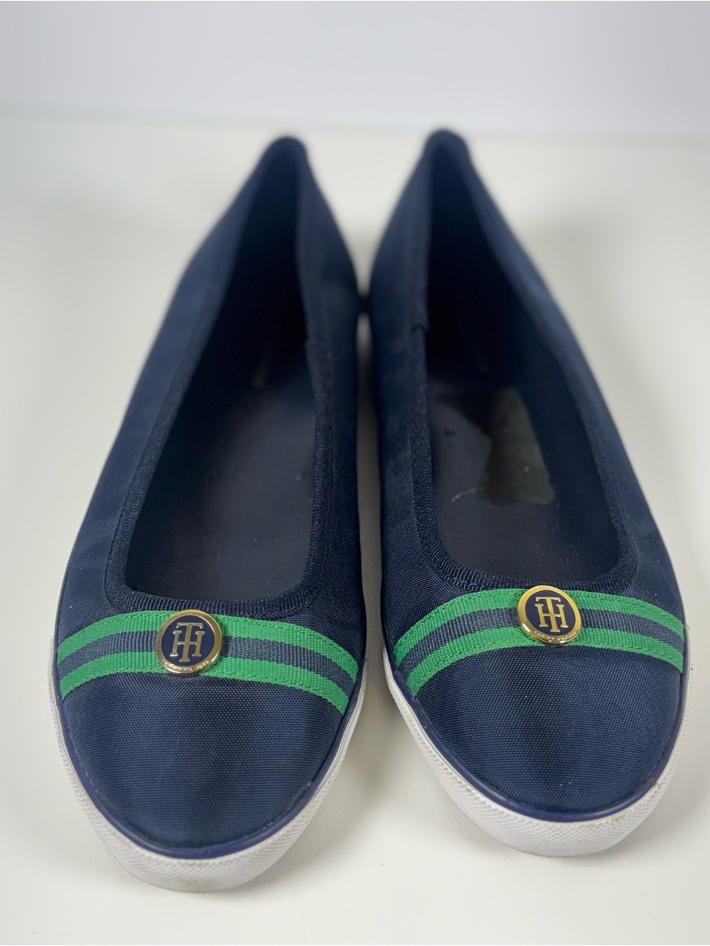 Tommy Hilfiger Navy Flats with Green Stripe and Branded Medallion